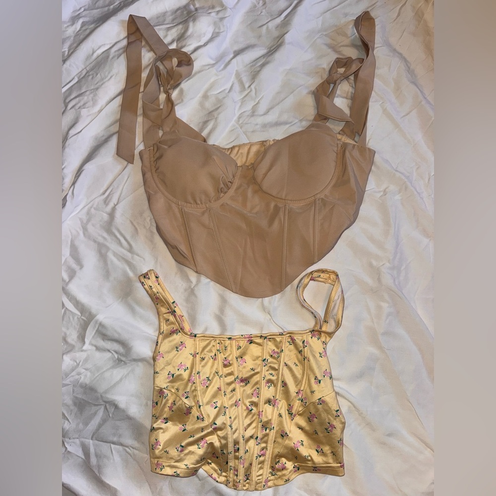 Tan Corset Top and Floral Yellow Bustier